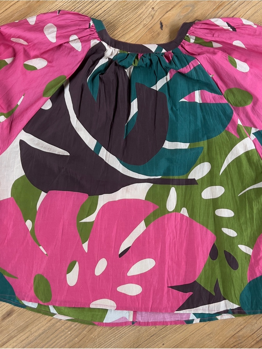 Velvet Colorblock Leaf Print Peasant Blouse in Pink, Green & Teal - Picture 4 of 4